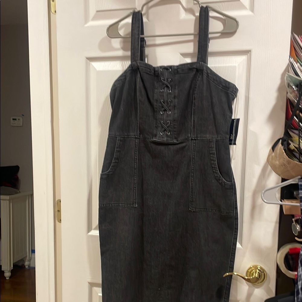 INC International Concepts Black Lace-Up Denim Pinafore Midi Dress